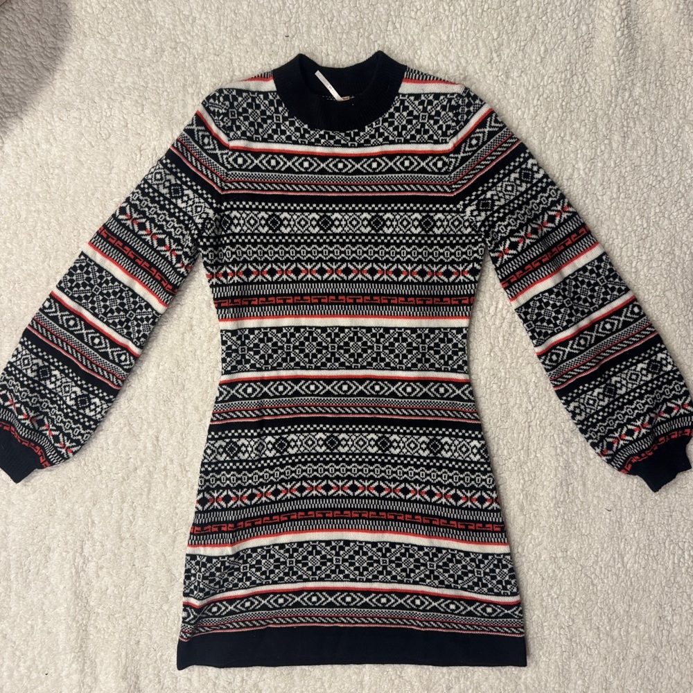 Free People Faero Balloon Sleeve Fair Isle Sweater Knit Mini Dress Black Red M